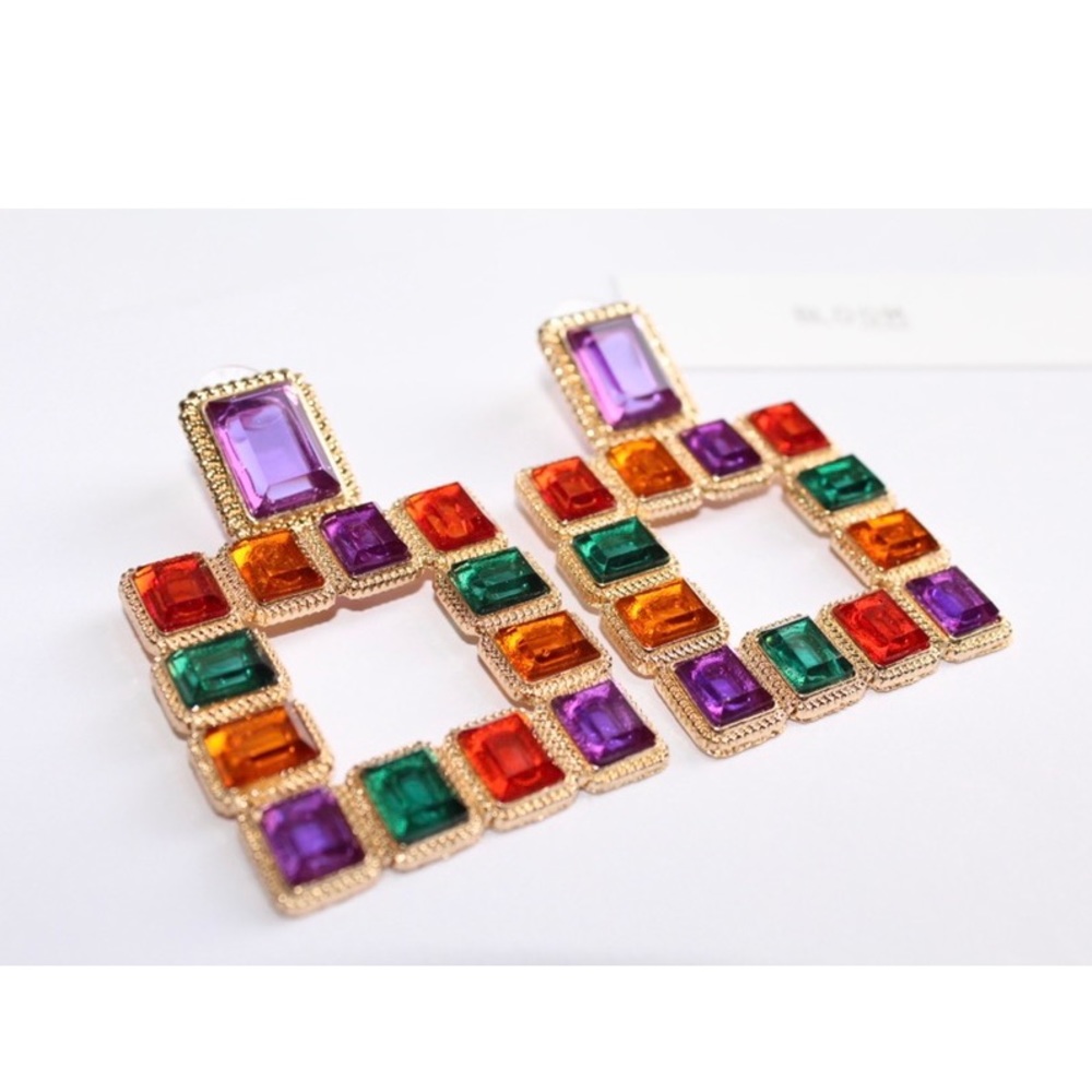 Colorful Gem Stone Square Earring